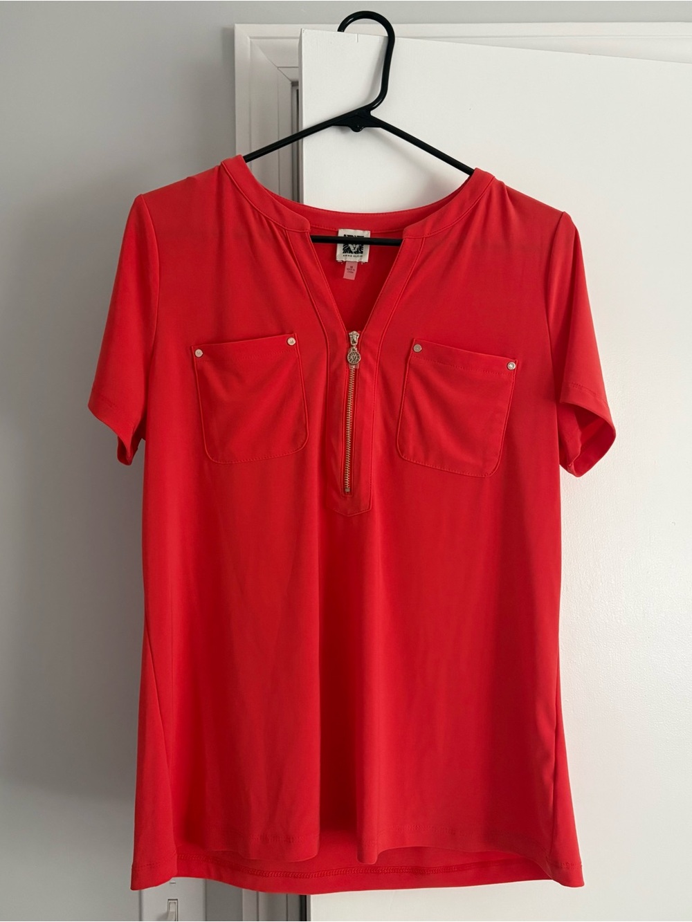Anne Klein Short-Sleeve Zip Front Pocket Top